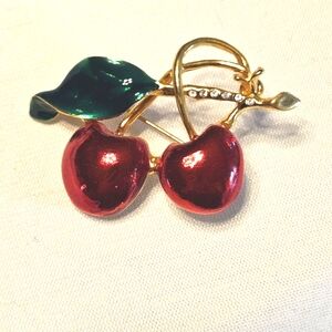 Vintage Cherries Enamel Rhinestone Pin Brooch Gold Tone 2 inches Long